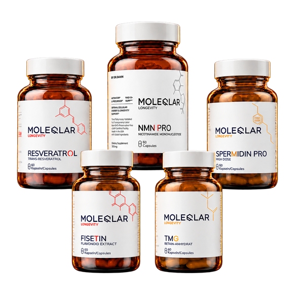 Pachet Longevitate Premium – NMN, Resveratrol, Spermidină, Fisetină și TMG