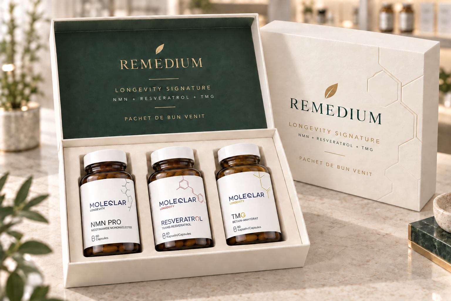 Concept de cutie ivoire Remedium Longevity Signature cu trei flacoane MoleQlar
