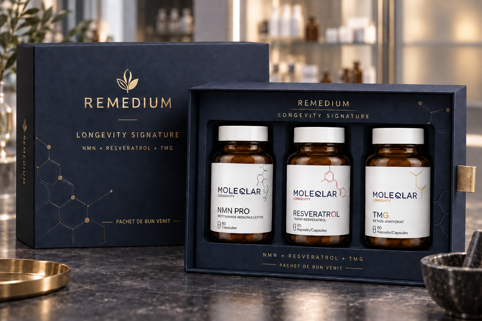 Ambalaj bleumarin și champagne pentru Remedium Longevity Signature